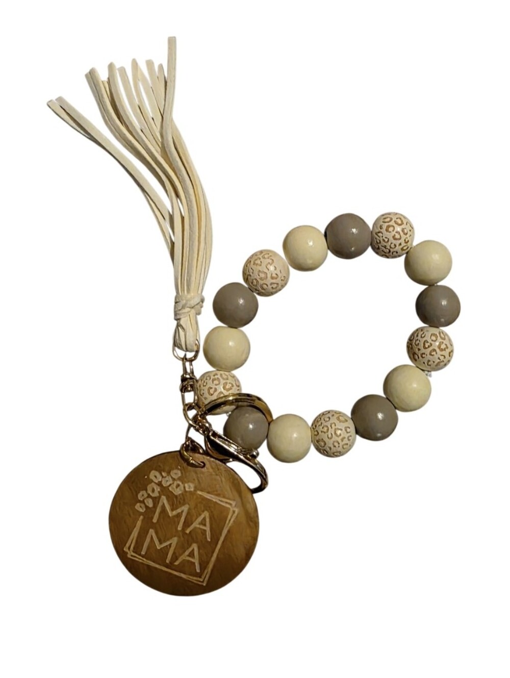 Wooden Bead Tassel Keyring - 'MAMA' Pendant in Neutral Tones